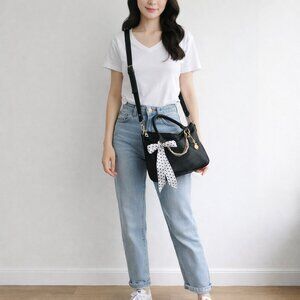 Lottie Da Canada Black Handbag w’ Polka Dot Bow Hair Tie Keychain Pearl Accents